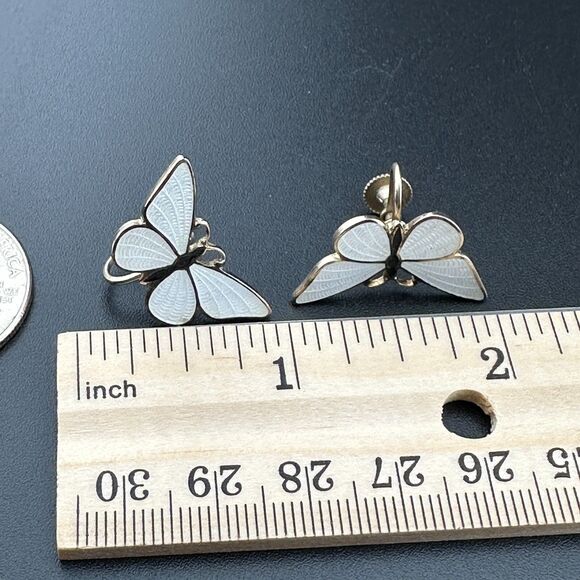 Vintage Silver-tone White Black Guilloche Enamel Butterfly Earrings Screw Back - Picture 5 of 10